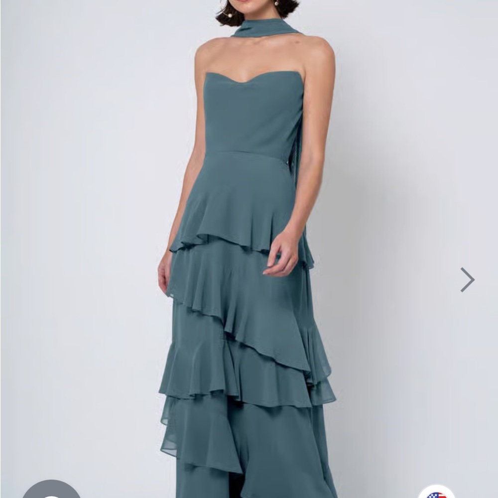 Jenny Yoo Simona Bridesmaid Dress in “ Agave” Strapless Gown with neck scarf
